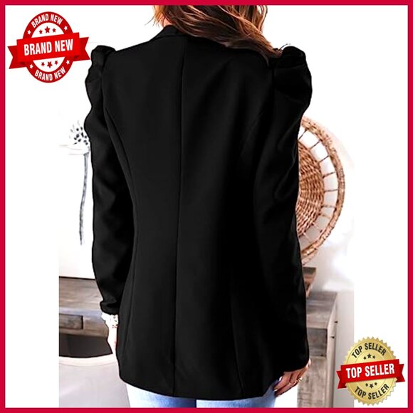 Puff Sleeve Blazer with Pockets, Open Front, Work Office Casual - Picture 5 of 7